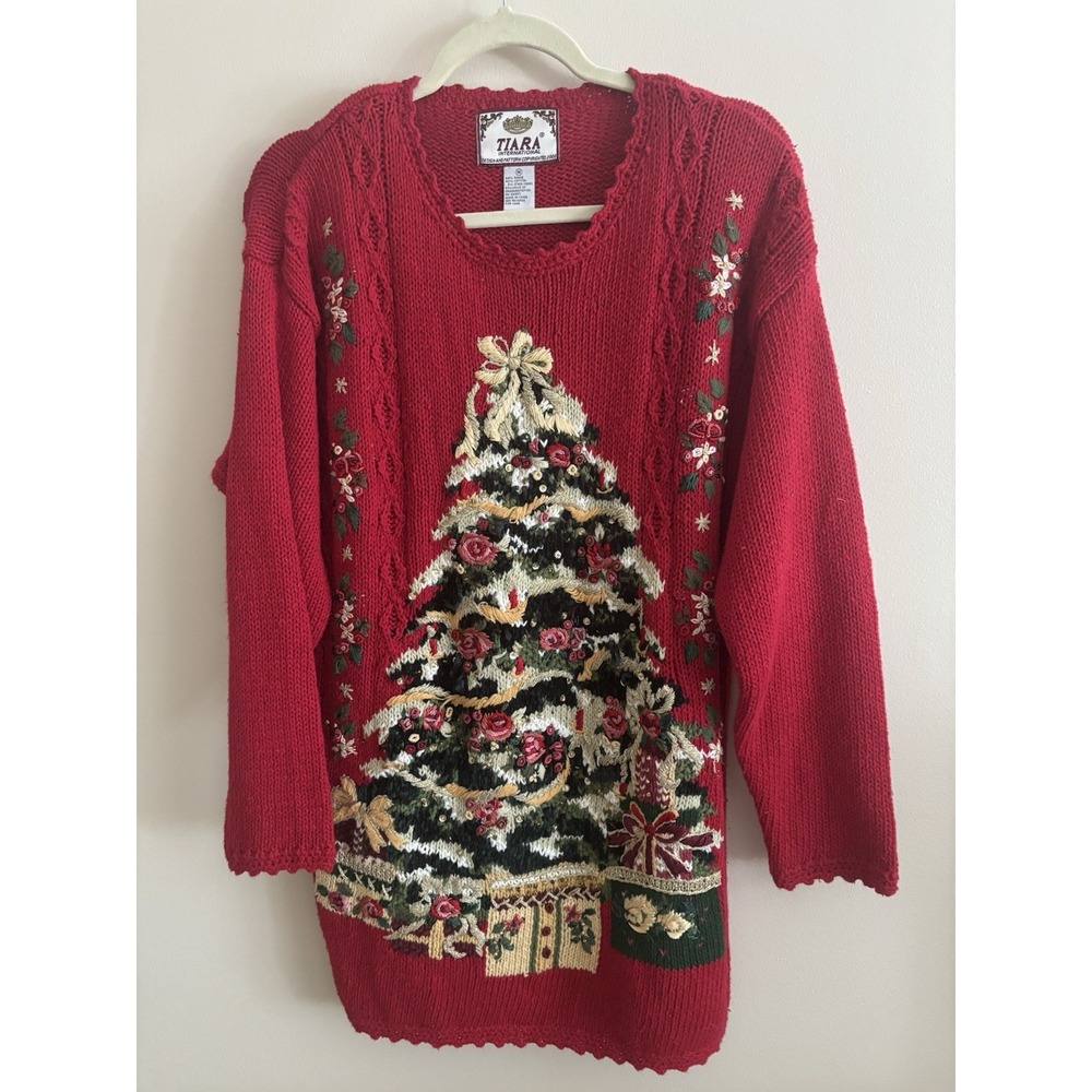 Ugly Sweater Christmas Tree Medium Red Gold Tiara Tunic‎ Top 90s Bead Ribbon